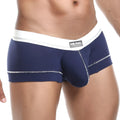 Navy blue hung hgg006 line trunk underwear with white elastic waistband and contrasting stitching front view