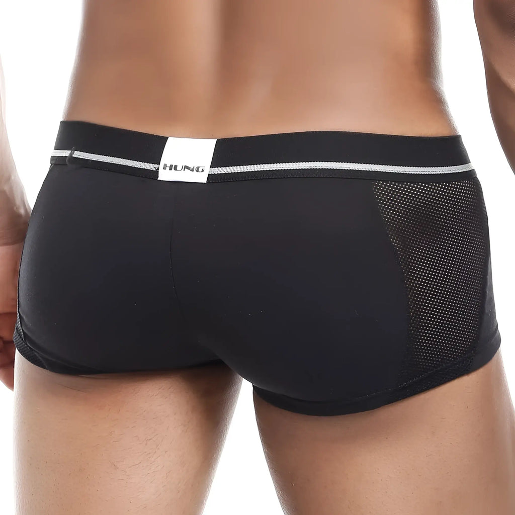 Black hung men’s briefs hung hgg007 boxer trunk with mesh side panel and white logo tag