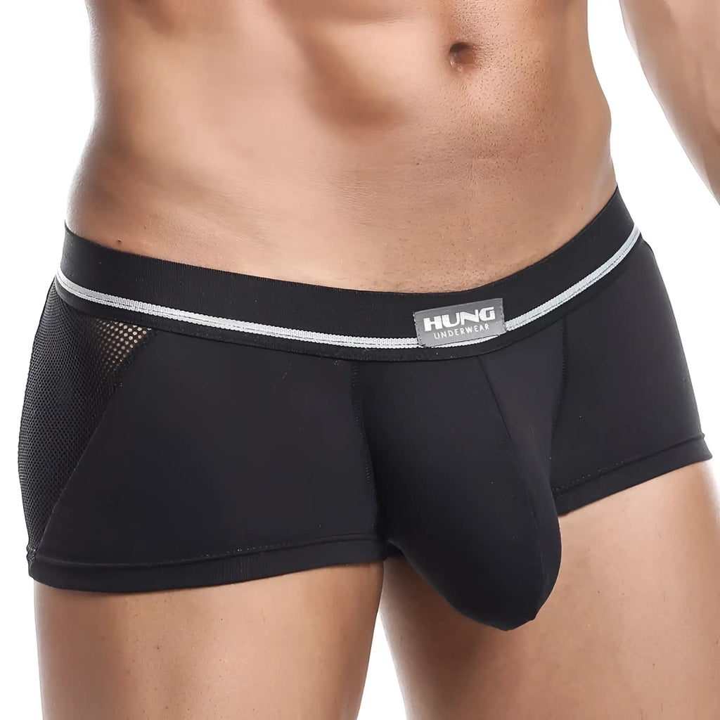 Black men’s hung hgg007 boxer trunk briefs with mesh side panel and silver stripe waistband for comfort and style
