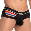 Black hung hgg008 boxer trunk underwear with red and blue striped cutouts on the side