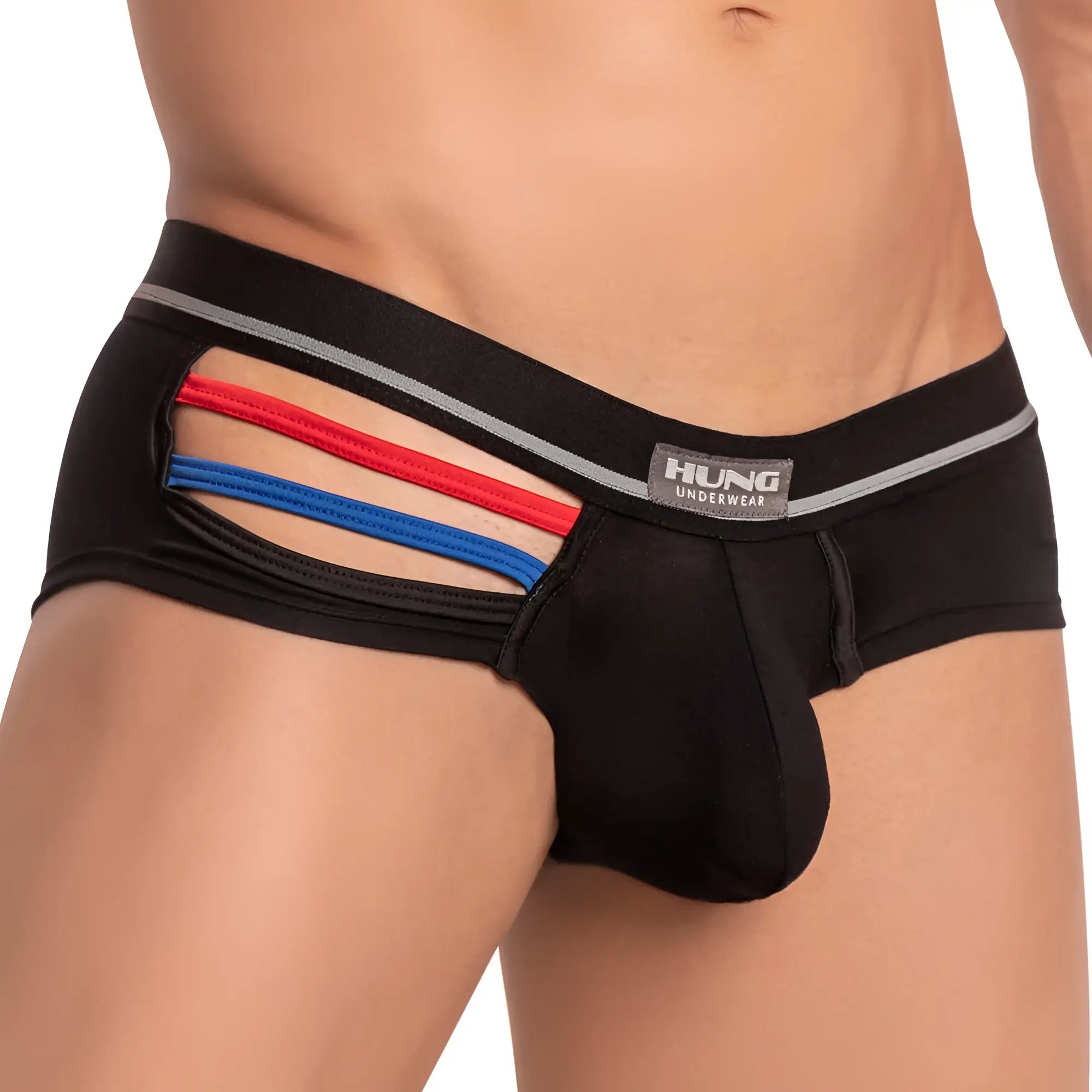 Black hung hgg008 boxer trunk underwear with red and blue striped cutouts on the side