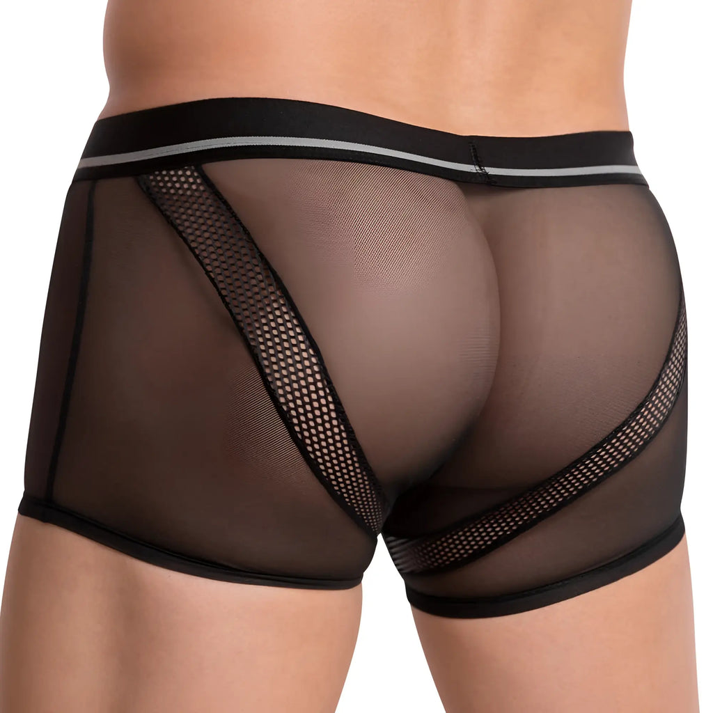 Hung HGG011 boxer trunk black mesh briefs with sleek form-fitting design and subtle gray trim on waistband
