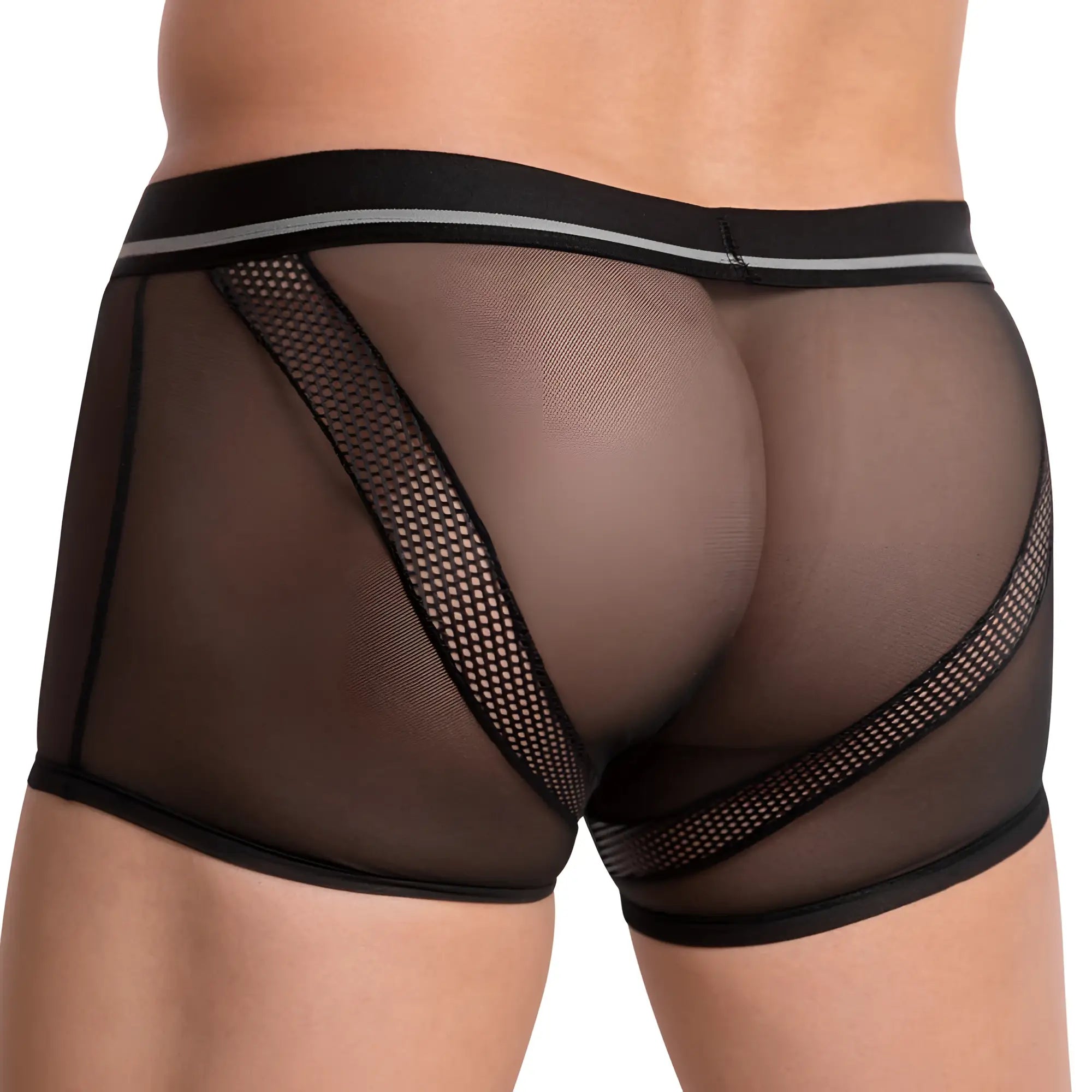 Hung HGG011 boxer trunk black mesh briefs with sleek form-fitting design and subtle gray trim on waistband