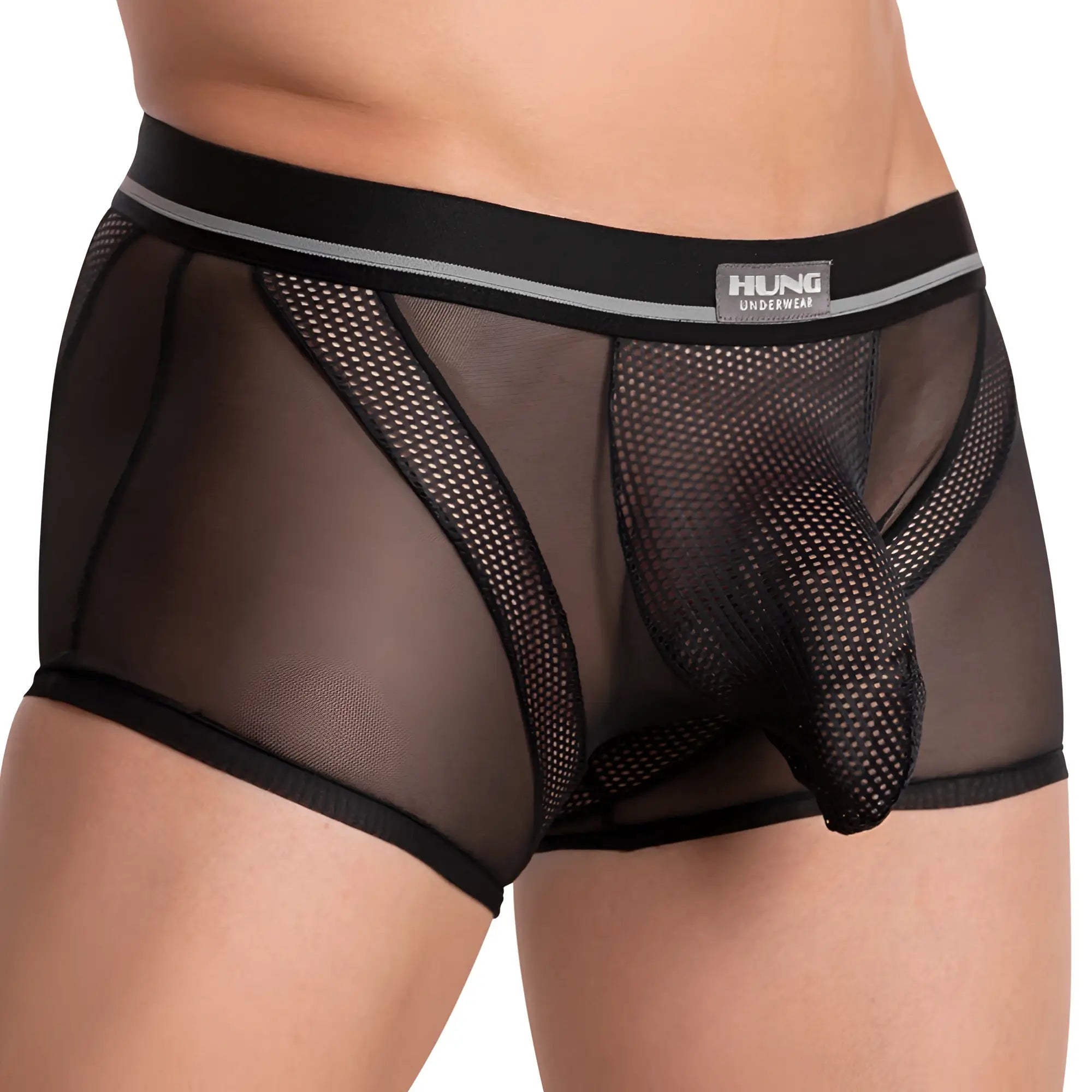 Black mesh hung hgg011 boxer trunk briefs with solid black waistband gray trim and hung underwear brand label
