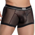 Black mesh Hung HGG012 boxer trunk with solid black waistband featuring hung underwear logo and gray trim