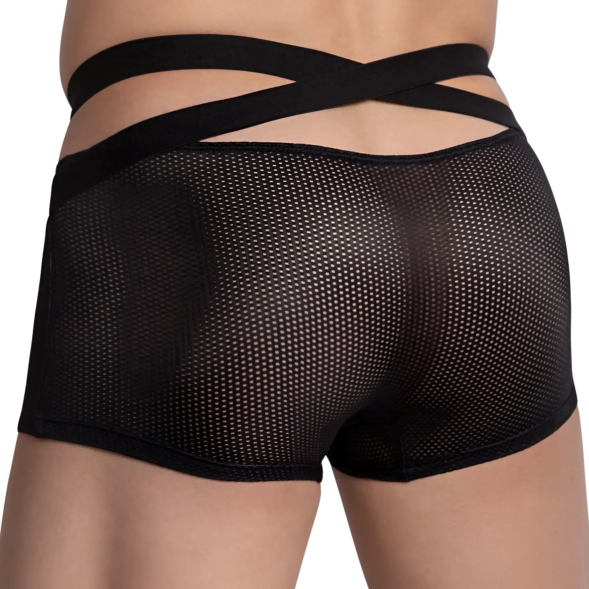Black mesh hung hgg014 boxer trunk briefs with crossed elastic straps at the back for breathable support