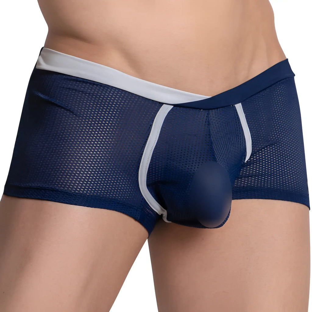 Navy blue mesh Hung HGG015 boxer trunk briefs with white trim and solid dark blue pouch for breathable comfort