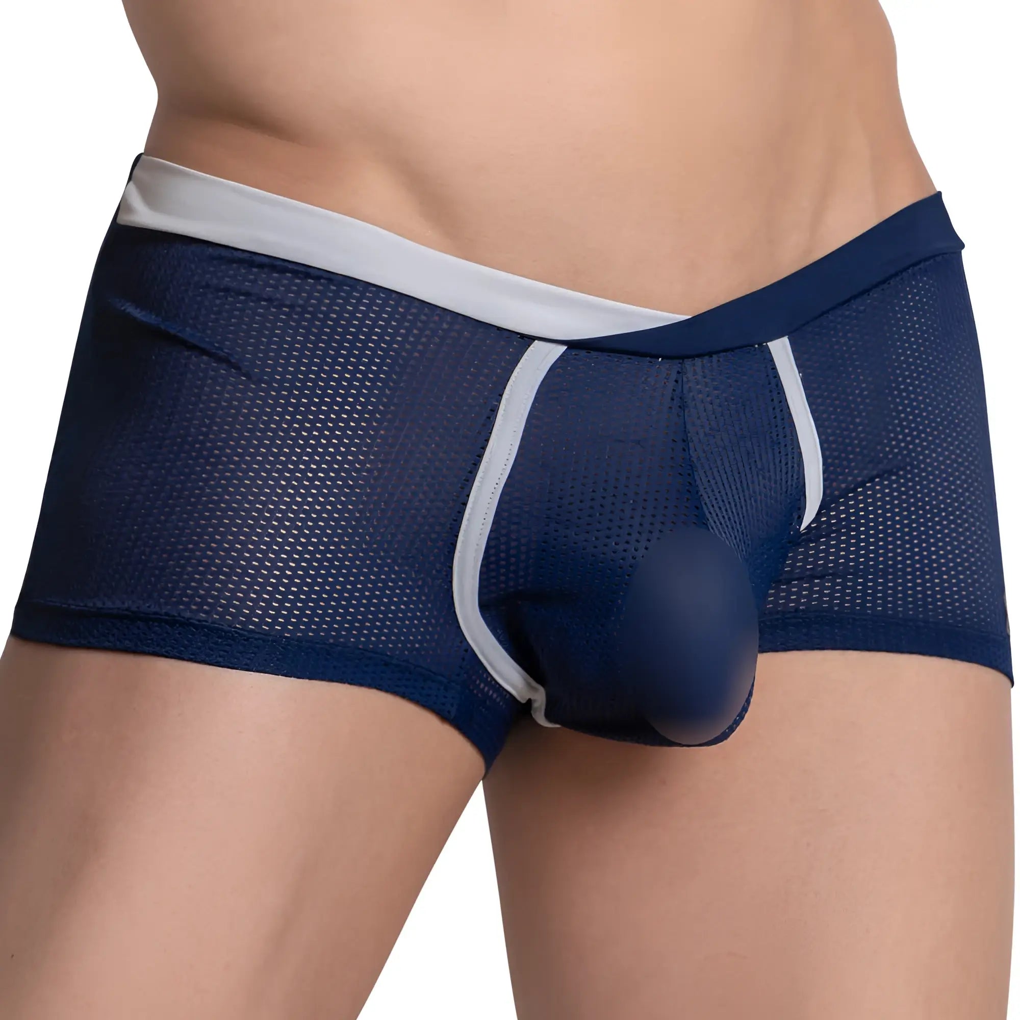 Navy blue mesh Hung HGG015 boxer trunk briefs with white trim and solid dark blue pouch for breathable comfort