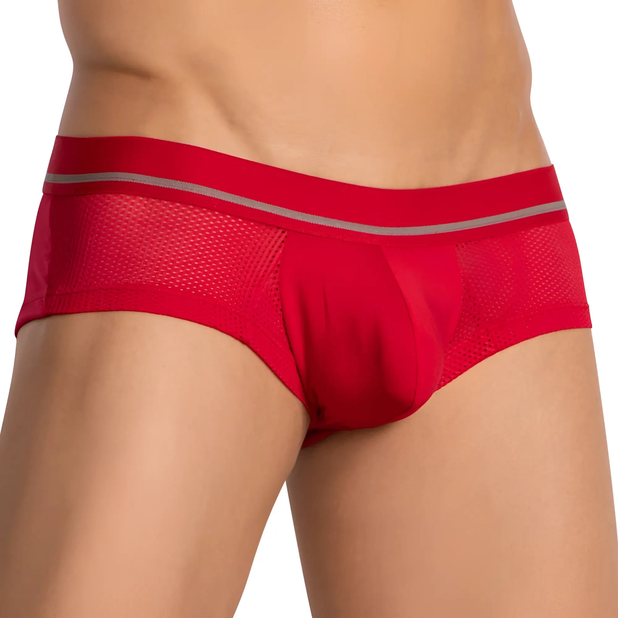 Hung HGG016 brief red mesh briefs with solid red waistband and two thin silver stripes detail