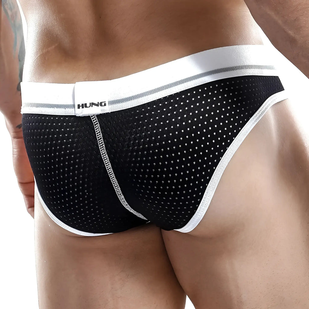 Black mesh briefs with white trim and hung brand label on waistband in hung hgi004 brief product image