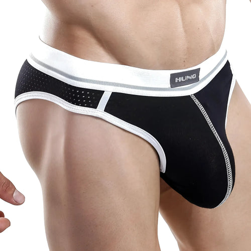 Black and white hung hgi004 brief with mesh panel elastic waistband and contrasting stitching for men