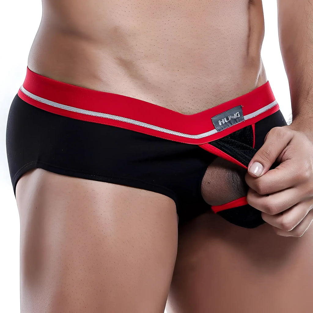 Black and red hung HGJ002 brief with gray waistband tag designed for athletic support and comfort