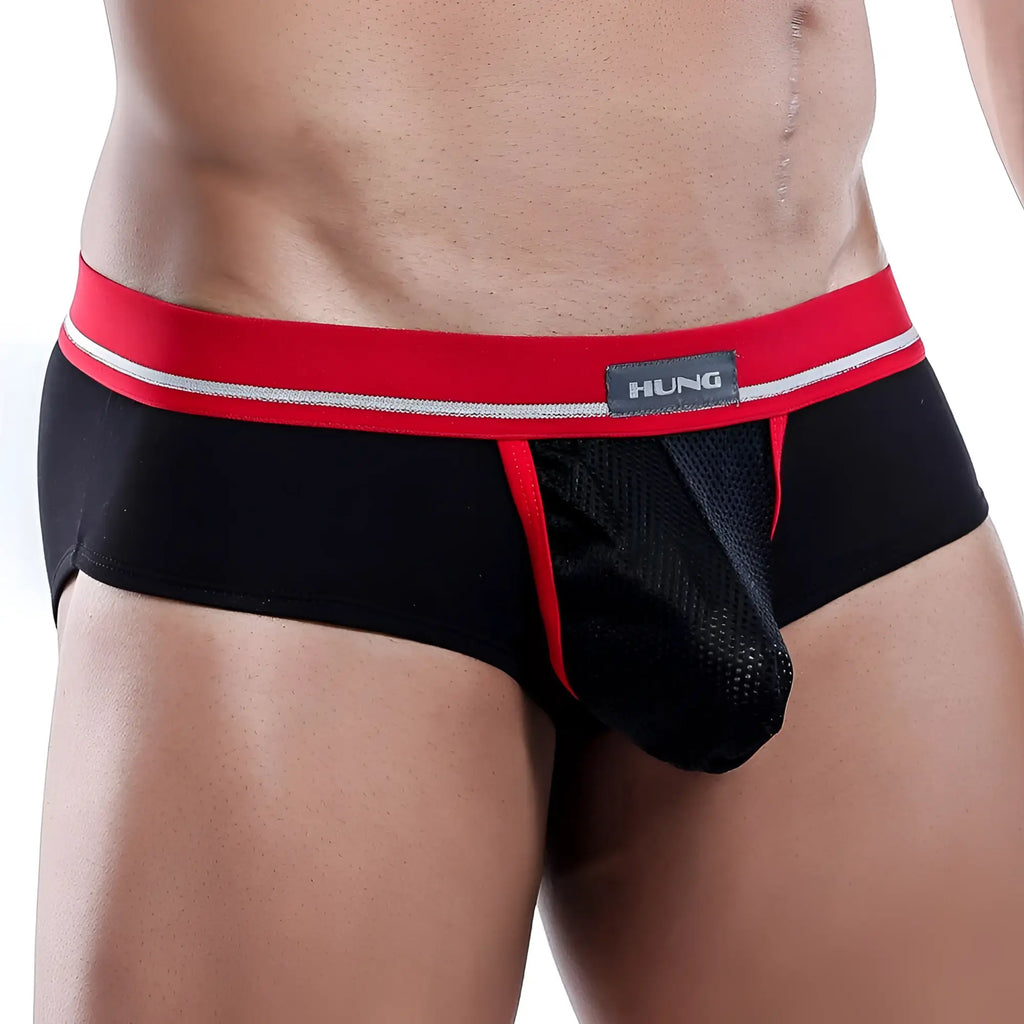 Black and red hung hgJ002 brief men’s underwear with mesh front panel for breathable comfort