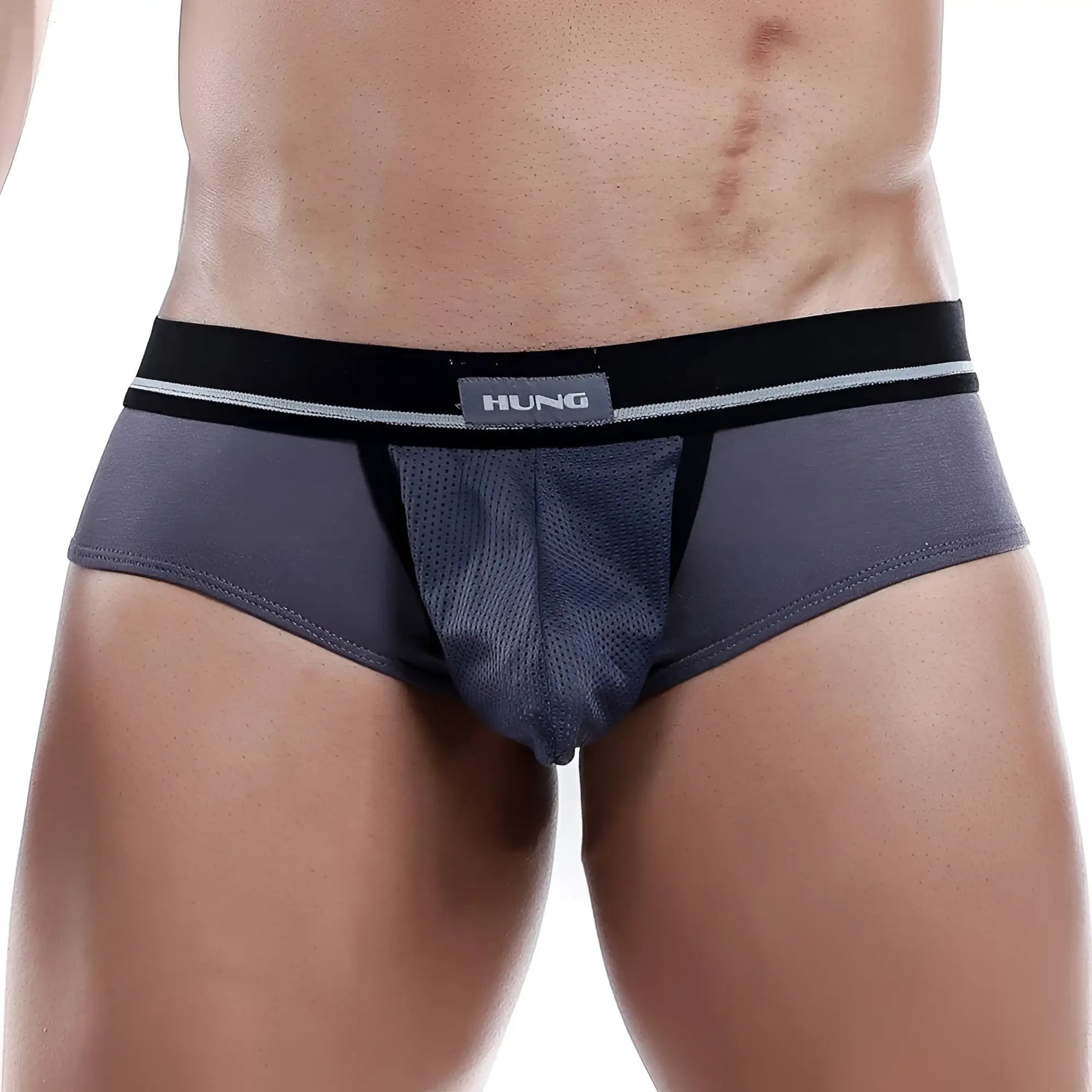 Gray hung brand brief hgJ002 with black waistband and mesh panel designed for comfort and style