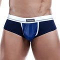 Navy blue and white mesh briefs with a gray hung brand label on the waistband in hung HGJ002 brief design