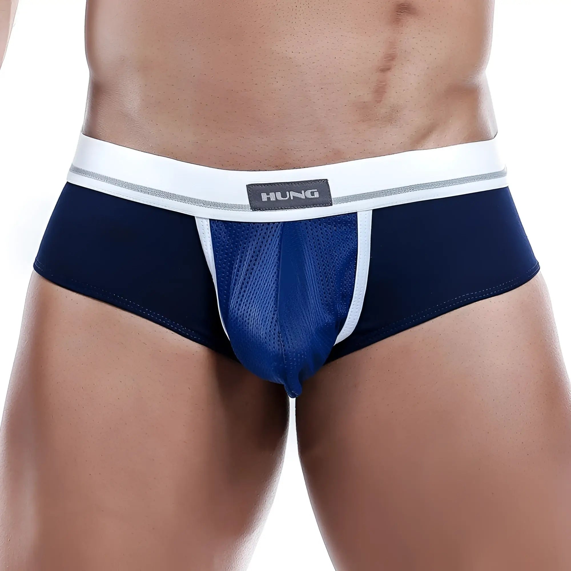 Navy blue and white mesh briefs with a gray hung brand label on the waistband in hung HGJ002 brief design
