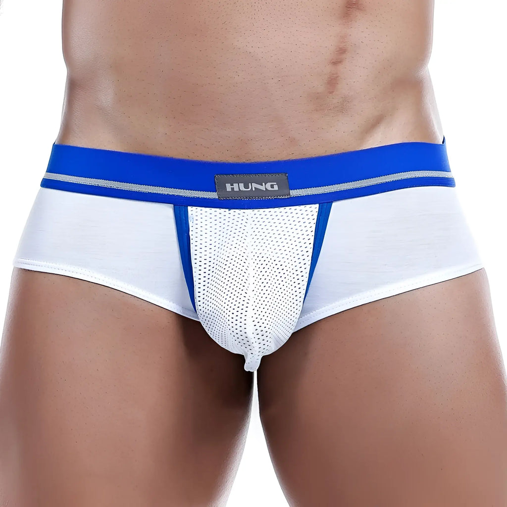 White and blue mesh Hung HGJ002 brief with branded waistband showing front side design and breathable fabric