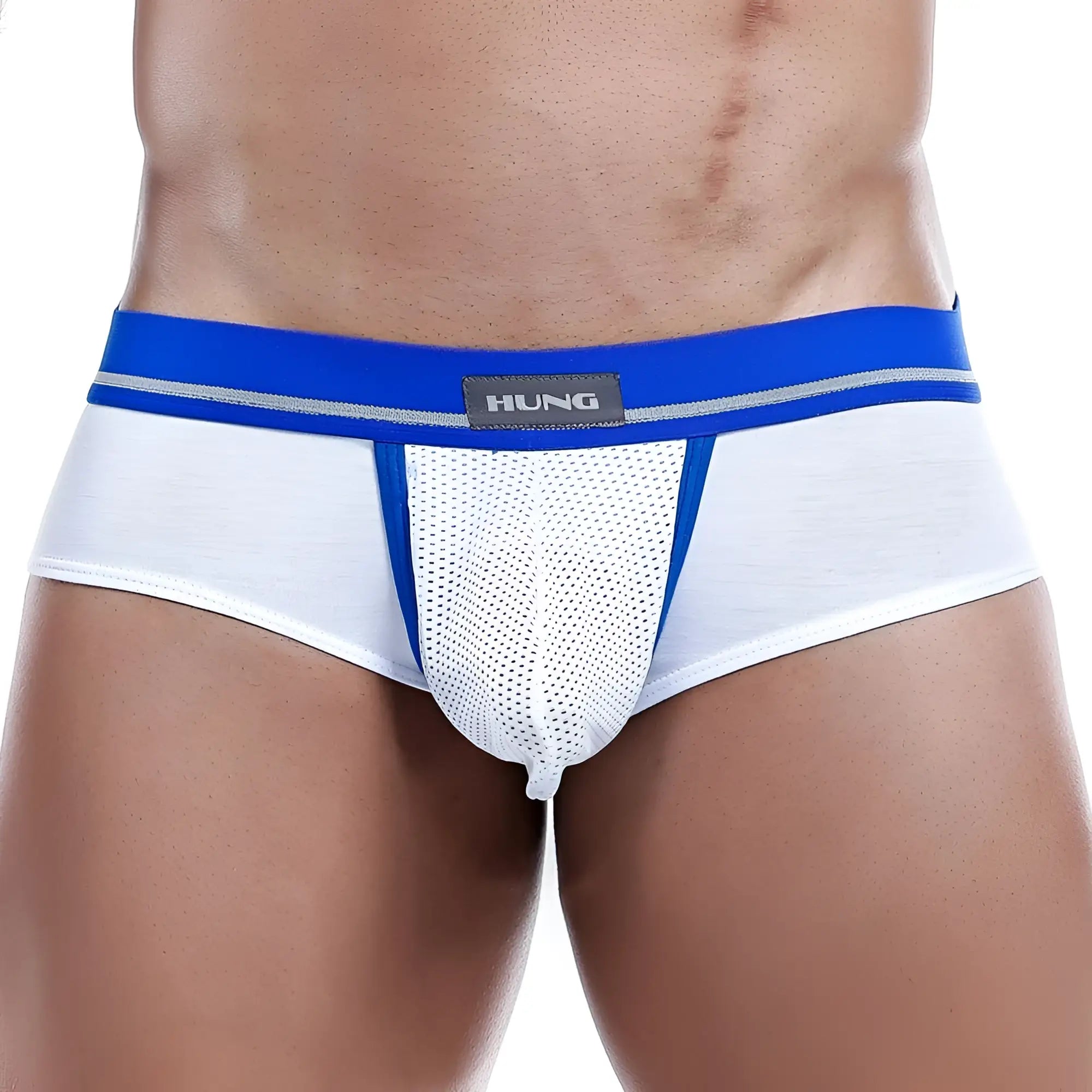White and blue mesh Hung HGJ002 brief with branded waistband showing front side design and breathable fabric