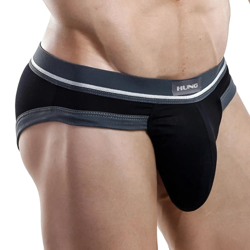 Black hung brand HGJ003 briefs with gray waistband white trim and stitched detailing for comfortable wear