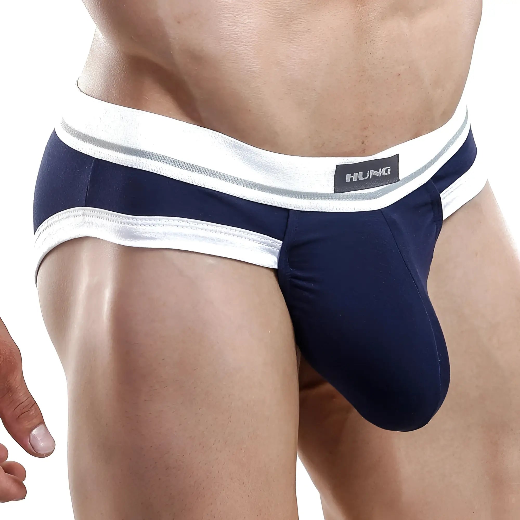 Navy blue hung hgJ003 brief with white and silver striped waistband designed for comfortable daily wear