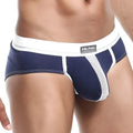Navy blue and white mesh-trimmed men’s briefs with branded waistband hung hgJ009 race brief shown from front