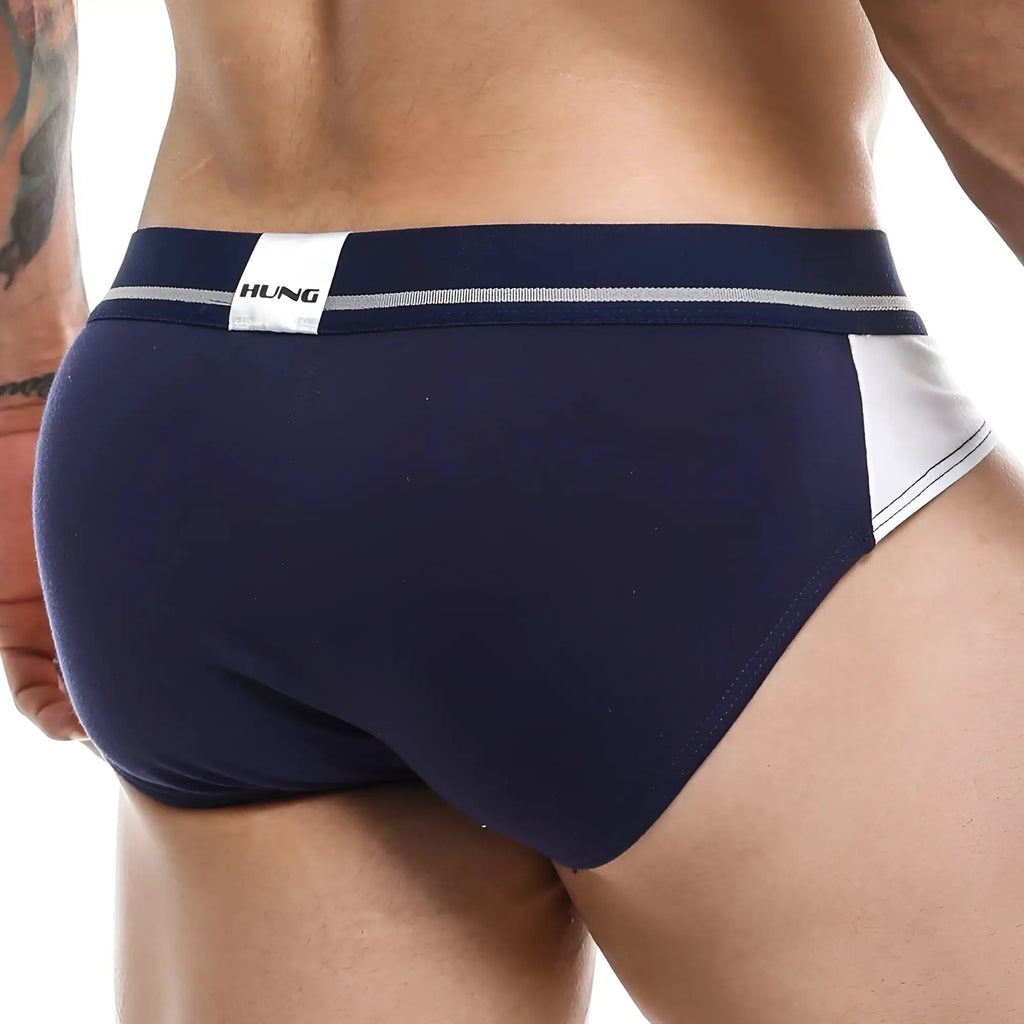 Navy blue and white hung HGJ010 brief with striped waistband showing front side in soft breathable fabric