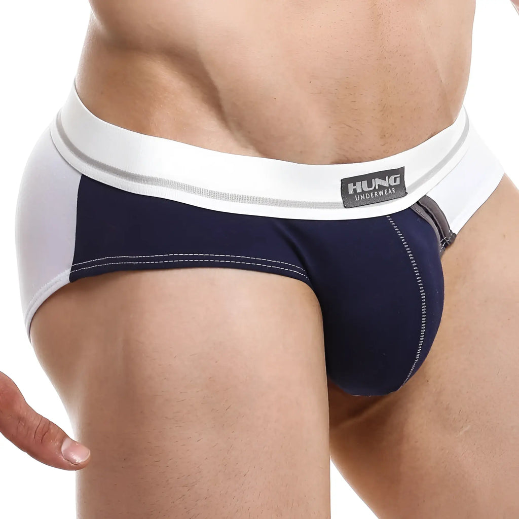 Navy blue and white men’s briefs with a black hung underwear label on the waistband hung hgj010 brief