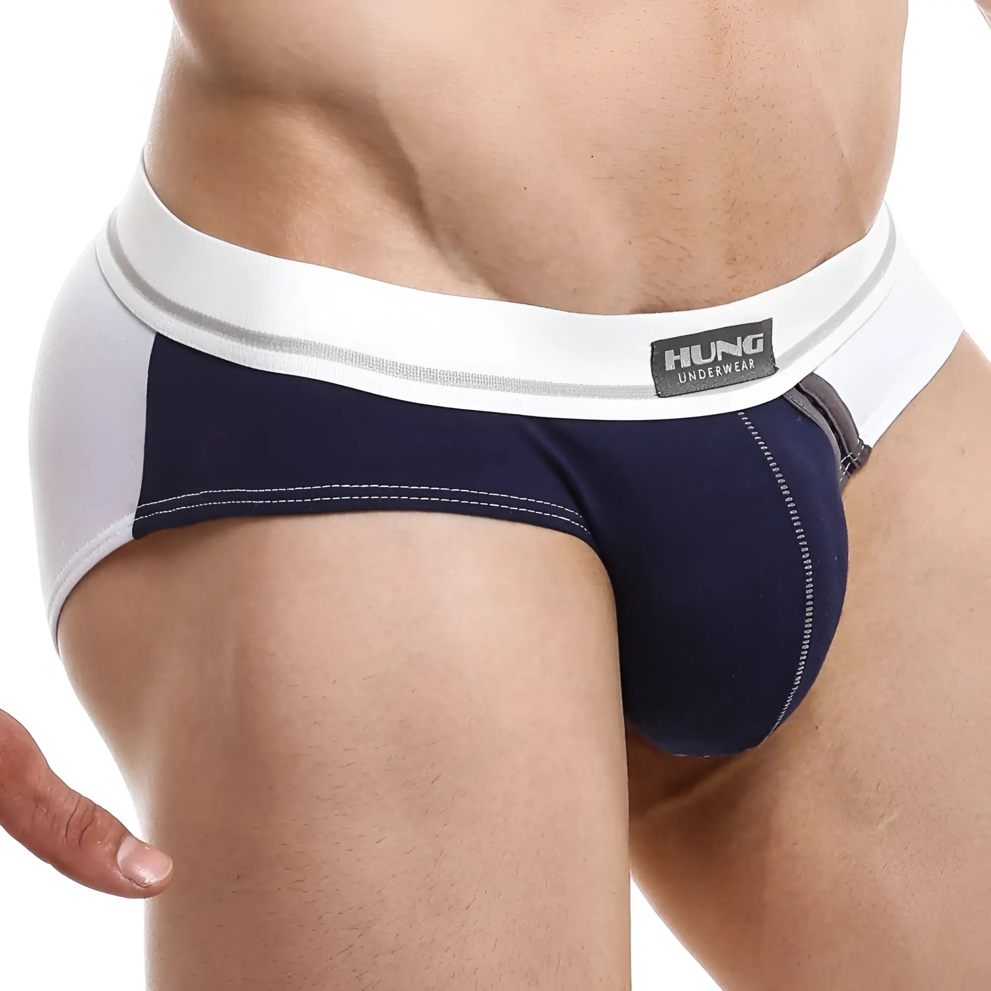 Navy blue and white men’s briefs with a black hung underwear label on the waistband hung hgj010 brief