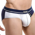 Navy blue and white men’s briefs with a silver stripe waistband detail from hung underwear model hung hgj010 brief