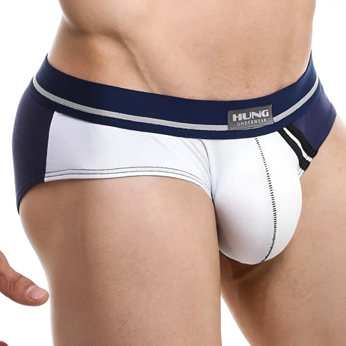 Navy blue and white men’s briefs with a silver stripe waistband detail from hung underwear model hung hgj010 brief