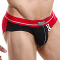 Red and black hung HGJ010 brief underwear with silver stripe detail shown from the front