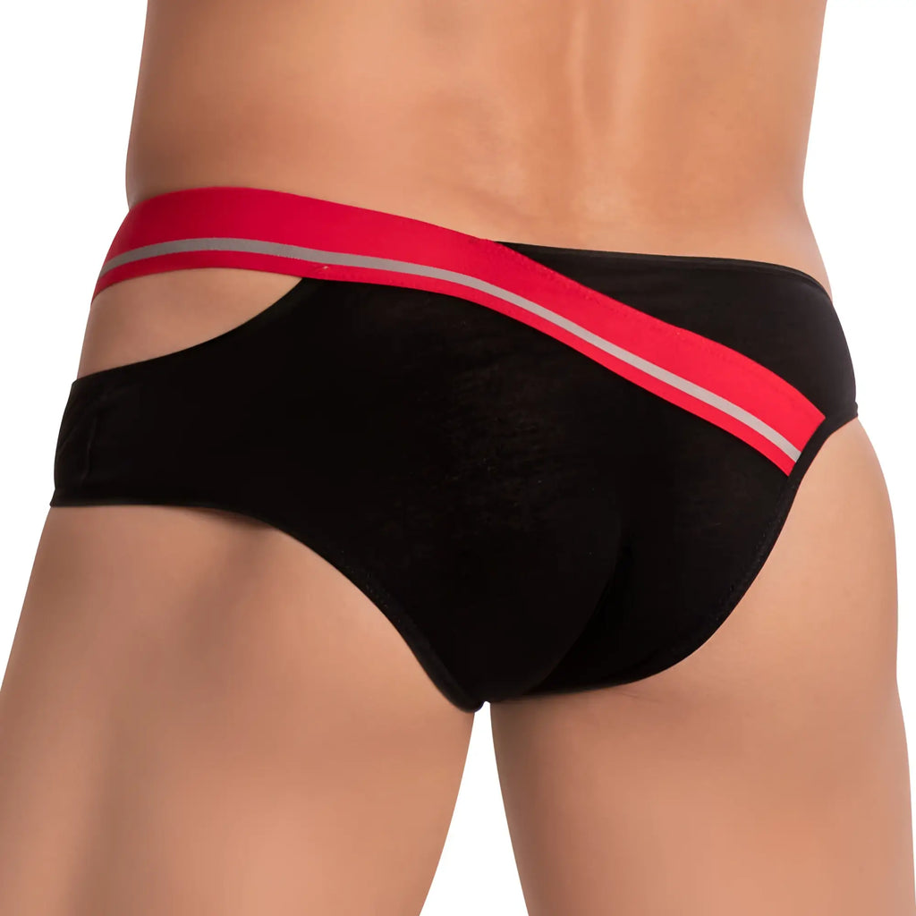 Black hung hgJ014 brief with bold red waistband and two thin silver stripes designed for daily comfort