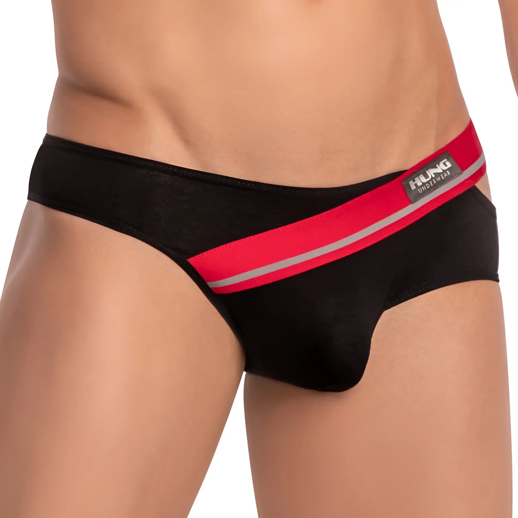 Black hung hgJ014 brief underwear with bold red and silver stripe across the waistband