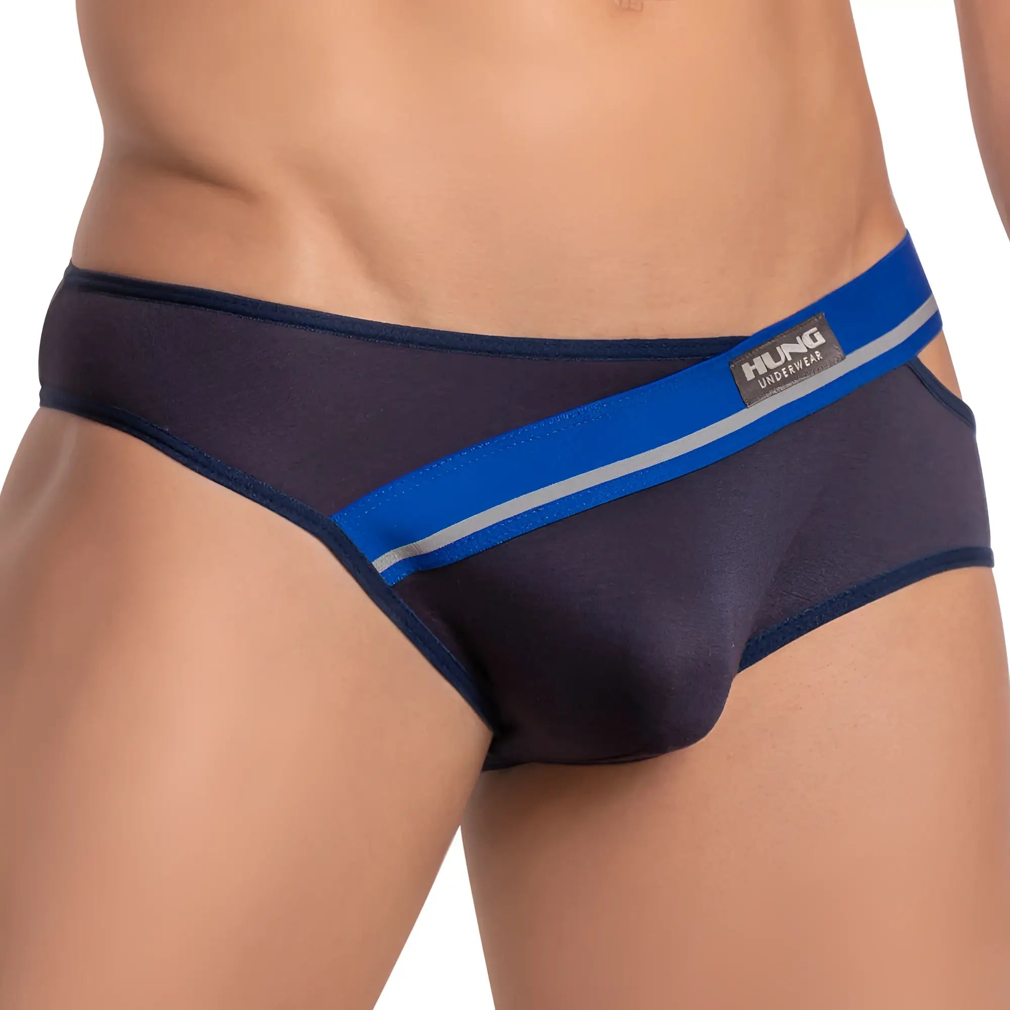 Navy blue and bright blue striped men’s briefs with silver stripe detail and hung brand label on waistband