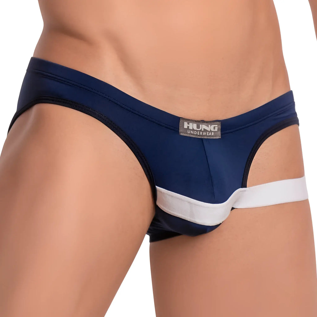 Navy blue and white striped men’s briefs with black trim and hung label in the hung HGJ015 brief design