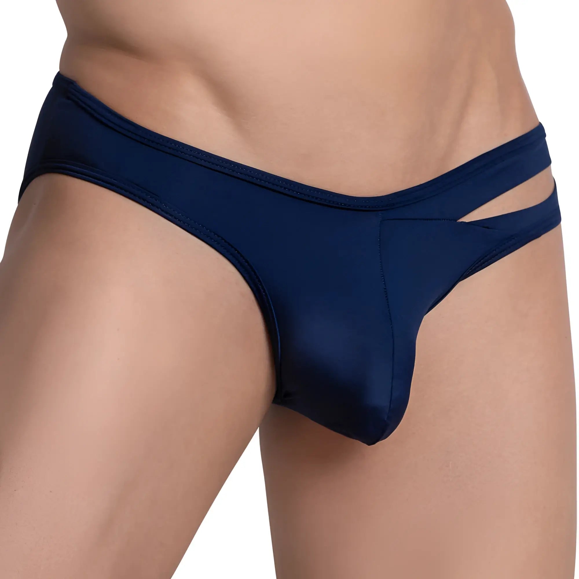 Navy blue satin Hung HGJ020 brief featuring a cutout design for stylish and comfortable wear