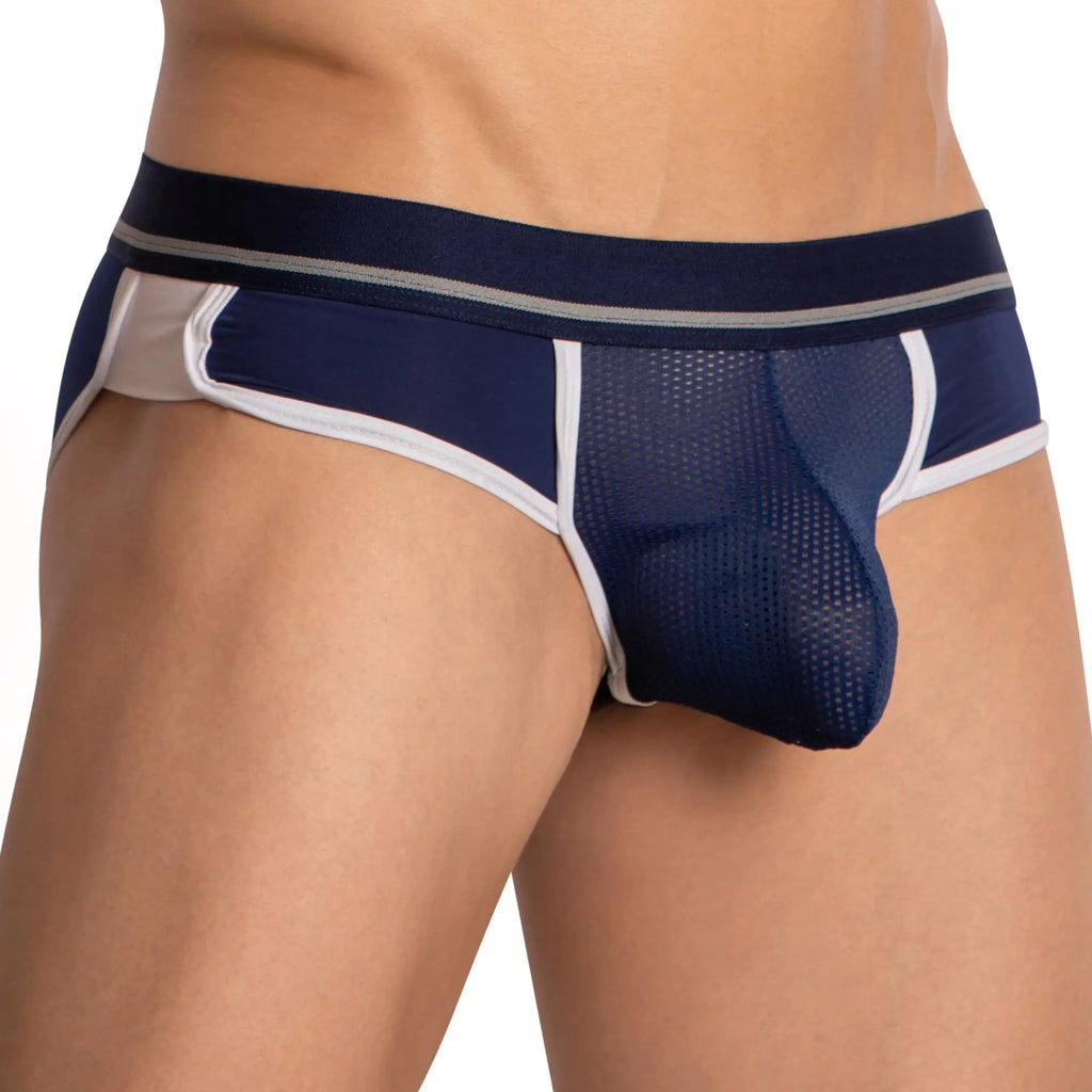 Navy blue and white mesh briefs with supportive waistband from Hung HGJ022 offering breathable comfort