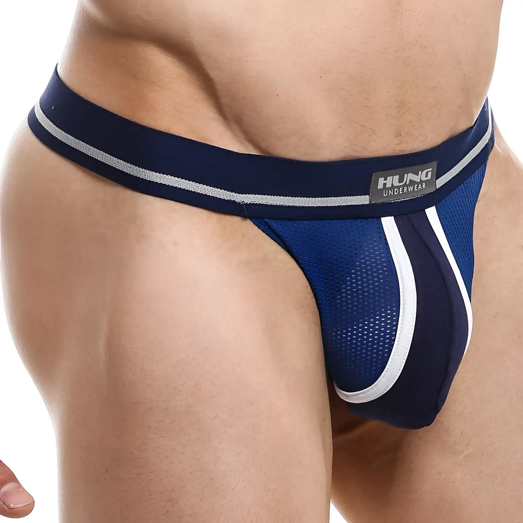 Navy blue and white mesh athletic briefs with a branded waistband in hung HGL008 G-string style
