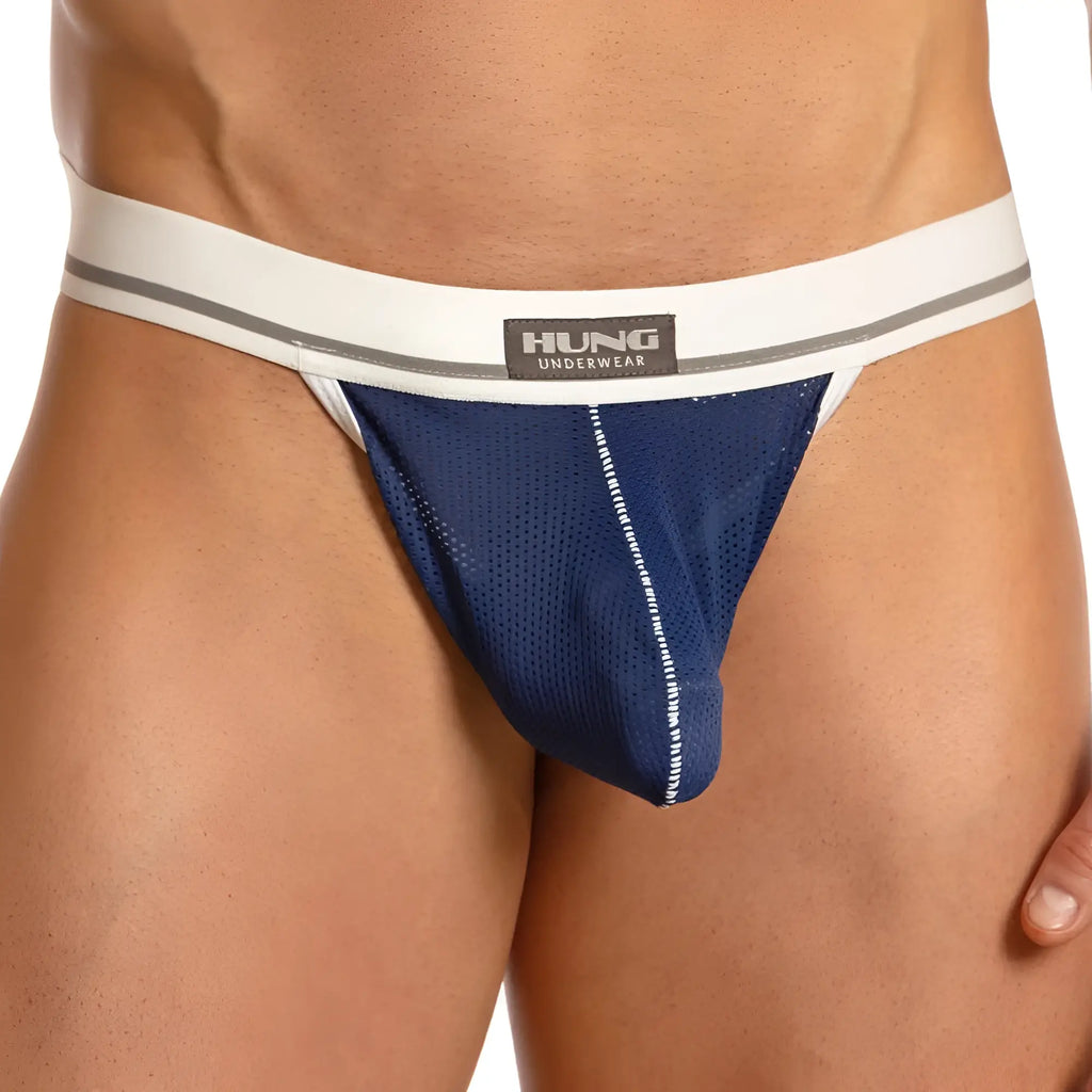 Navy blue mesh thong g-string with white waistband gray trim and black hung underwear label front by hung hgl010