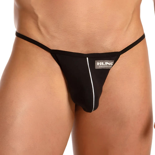 Black hung hgl011 thong underwear with white vertical stripe and brand logo on front in a hung style