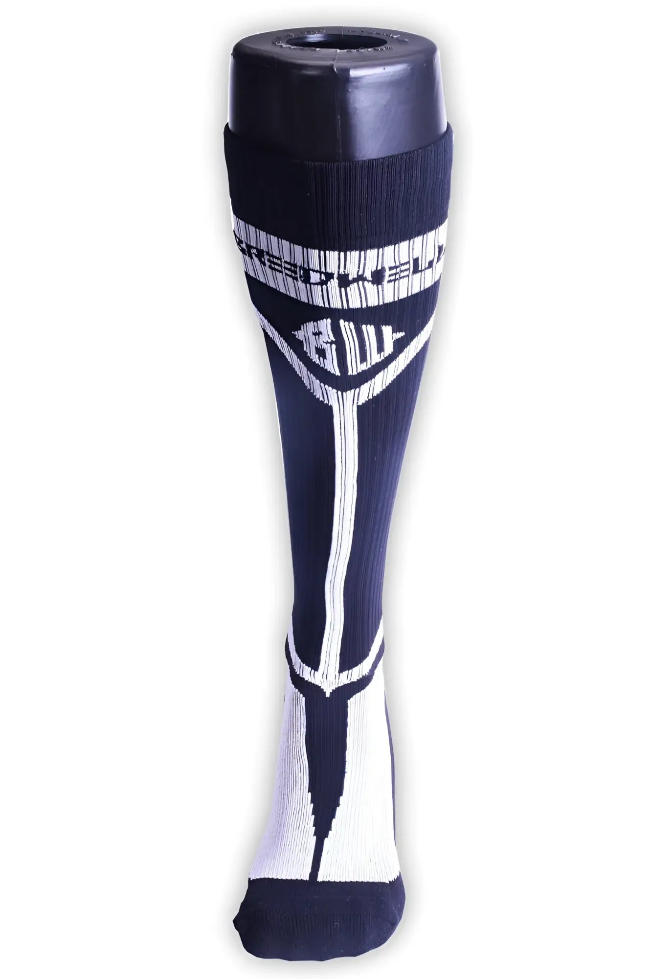Black and white breckenridge hybrid athletic sock with bold geometric design and branded top cuff
