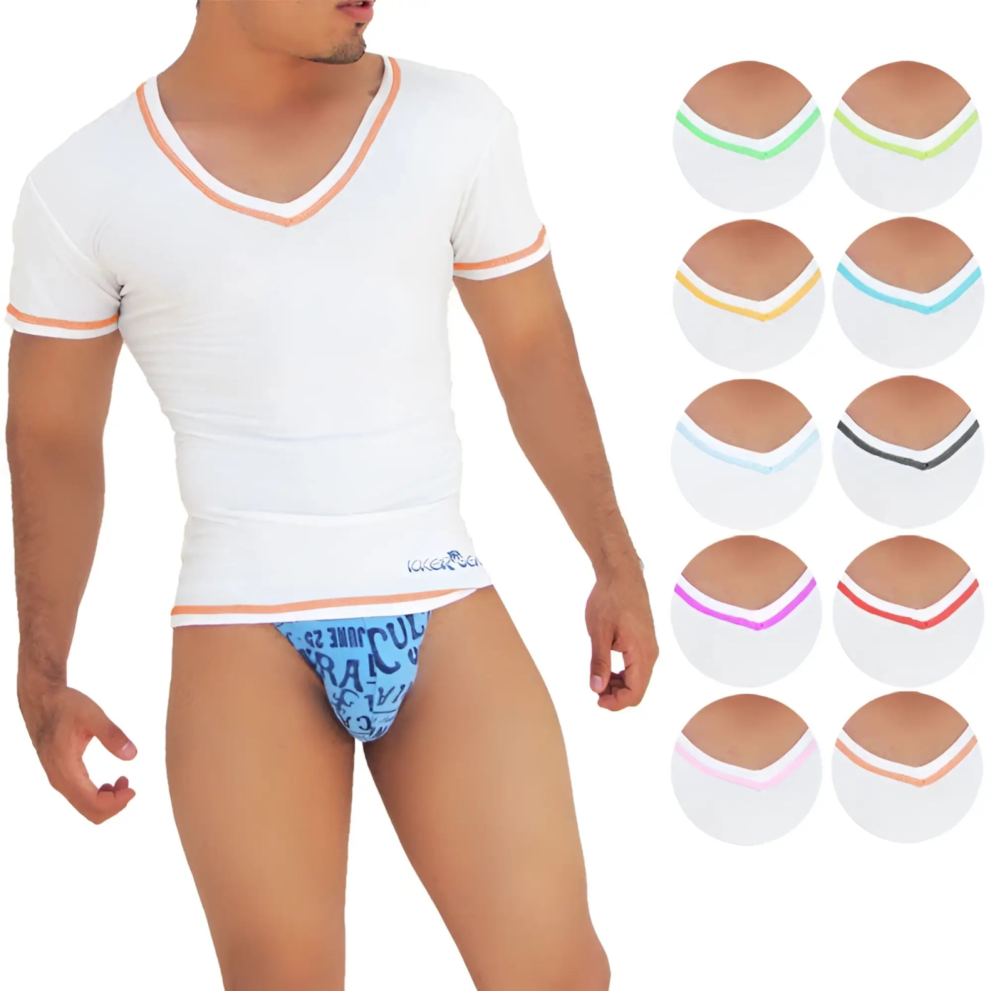 White v-neck short-sleeved shirt with orange contrast stitching and a snug fit from icker sea 10 pack assorted colors