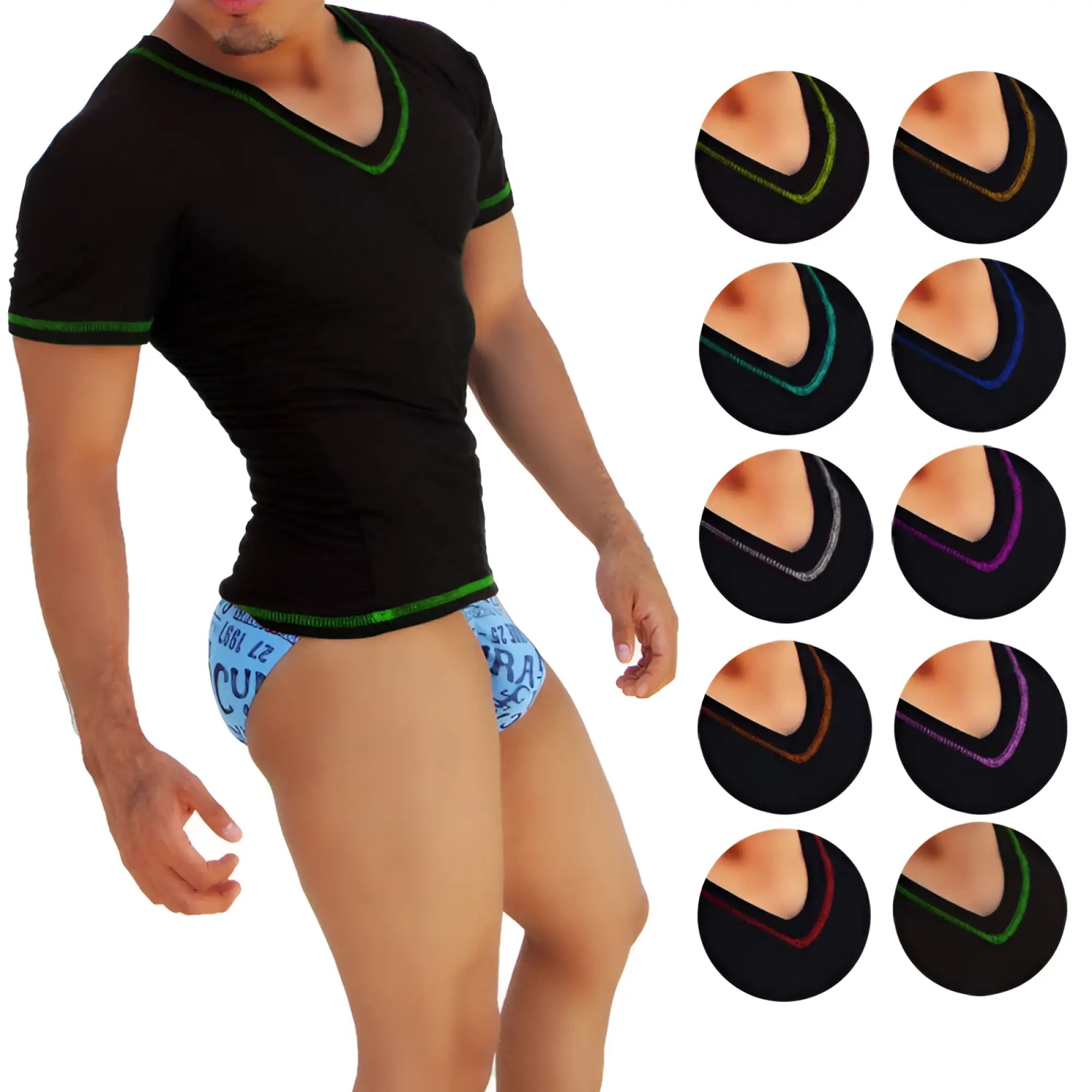 Black v neck short-sleeved shirt with green contrast stitching from icker sea 10 pack assorted colours collection
