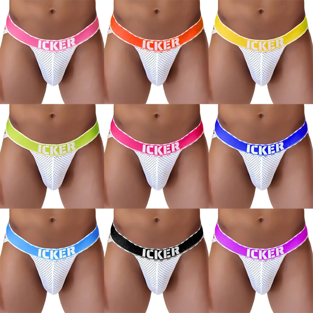 White mesh thong underwear with colorful elastic waistband featuring icker branding from icker sea 10 pack mesh jock strap