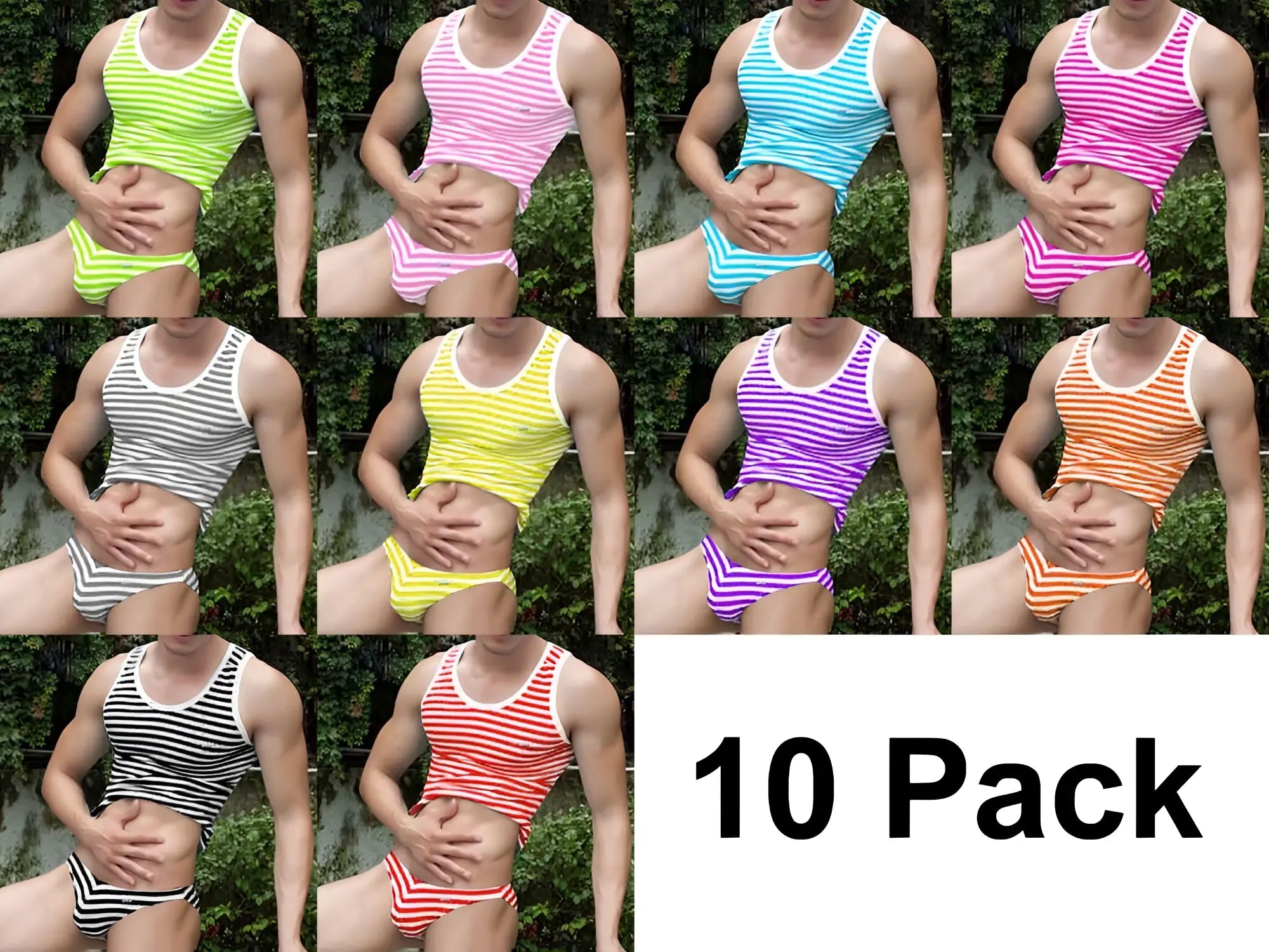 A set of ten vibrant striped Icker Sea tank tops and briefs with snug fit and contrasting horizontal stripes