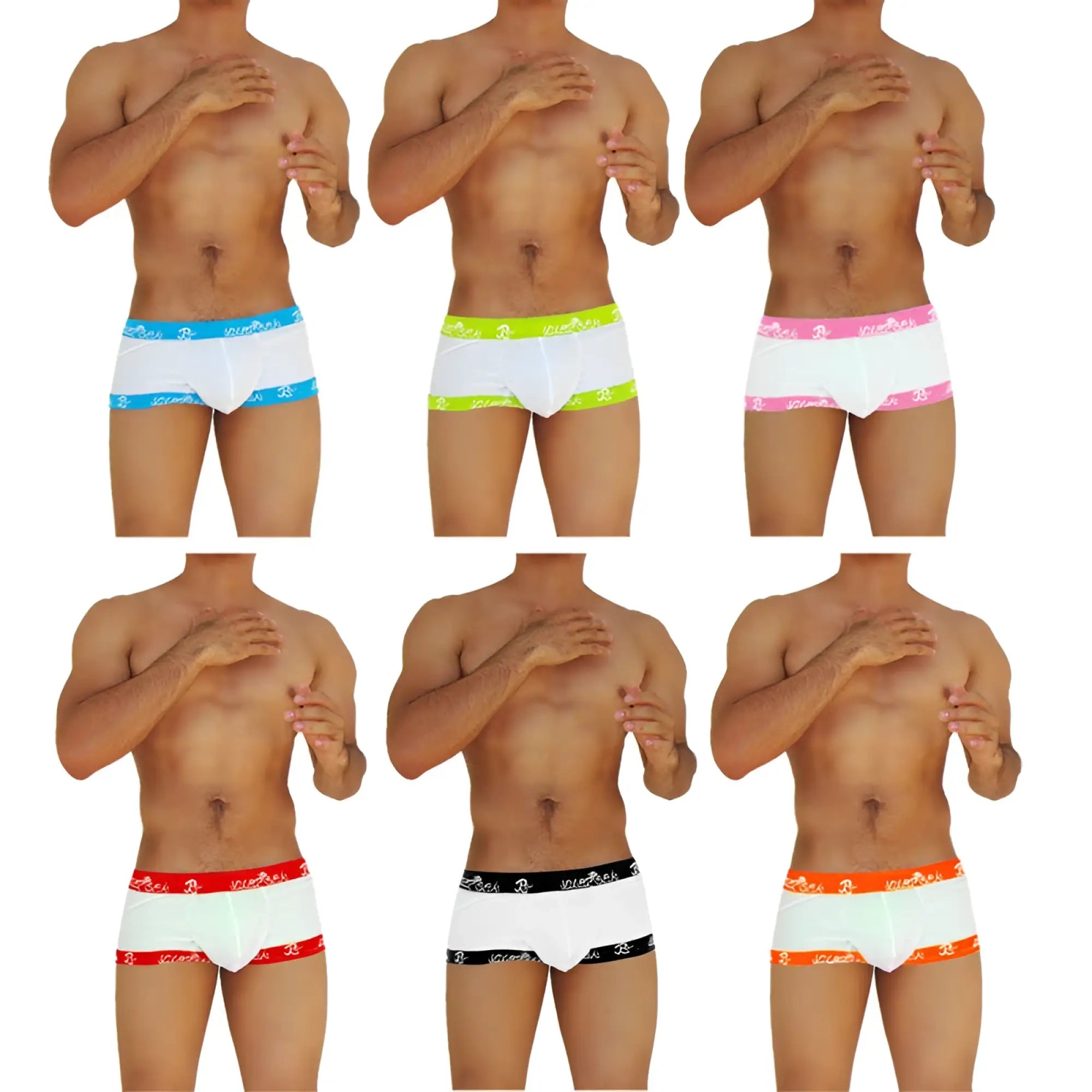 Icker sea six pack fresh dots logo trim boxer briefs with white fabric and colorful elastic waistbands in assorted colors