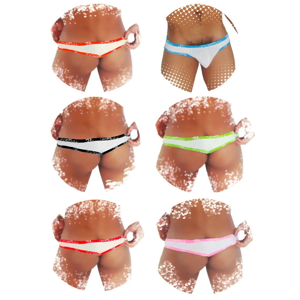 Six pairs of icker sea fresh dots logo trim brazilian thong underwear with colorful elasticated waistbands in white