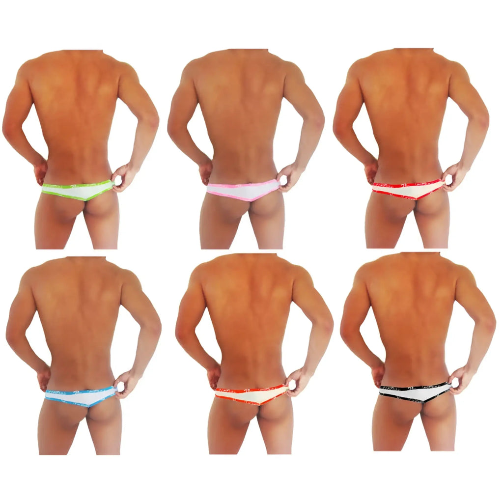 Icker sea six pack fresh dots logo trim men’s white briefs with colorful neon elastic waistbands assorted colors