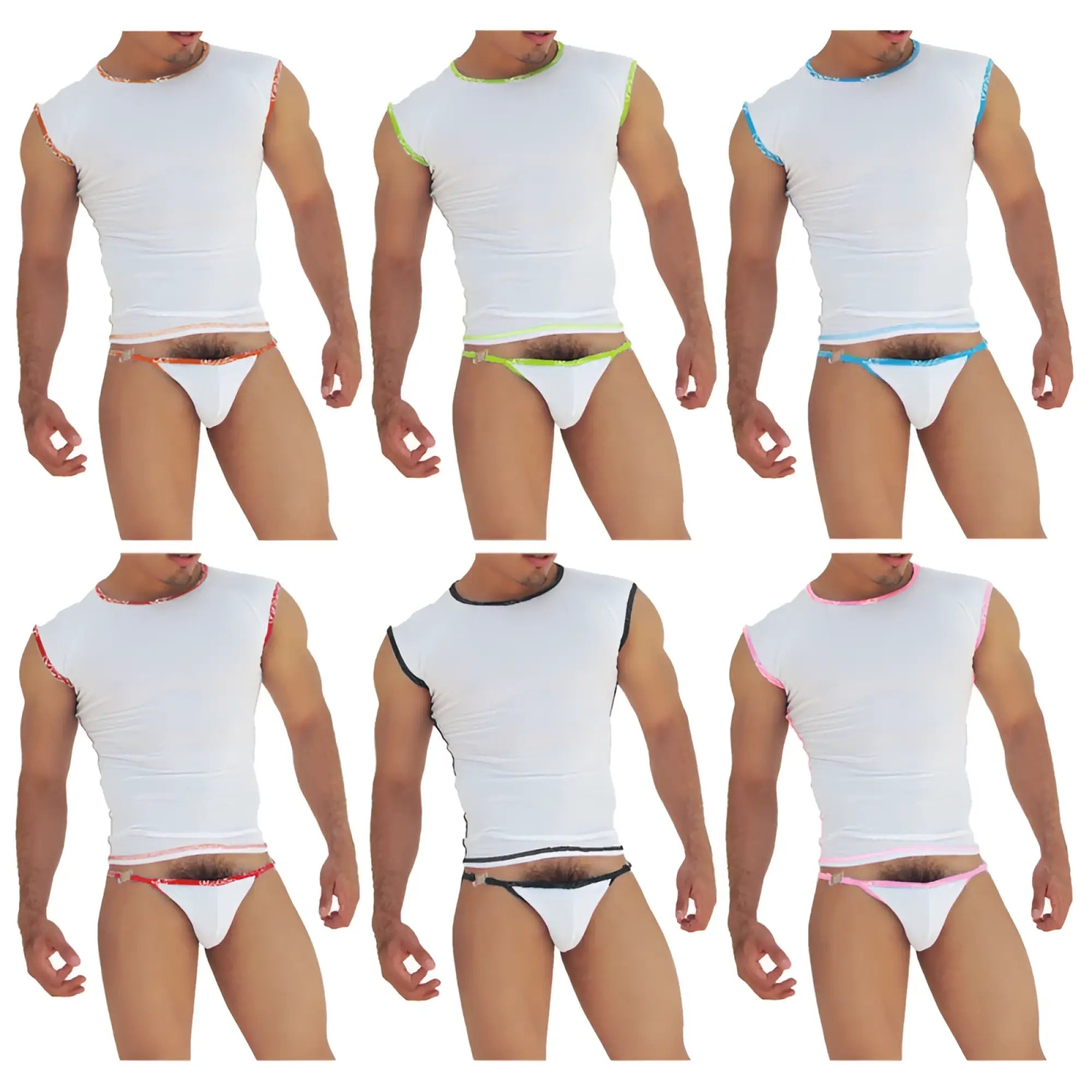 White sleeveless athletic top with contrasting trim neckline and armholes paired with icker sea bikini underwear pack