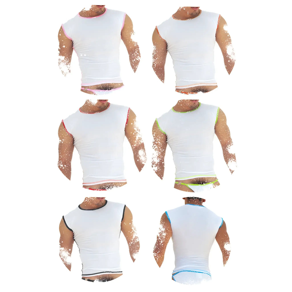 White sleeveless Icker Sea muscle tops with fresh dots logo trim in pink red green black and blue assorted colors